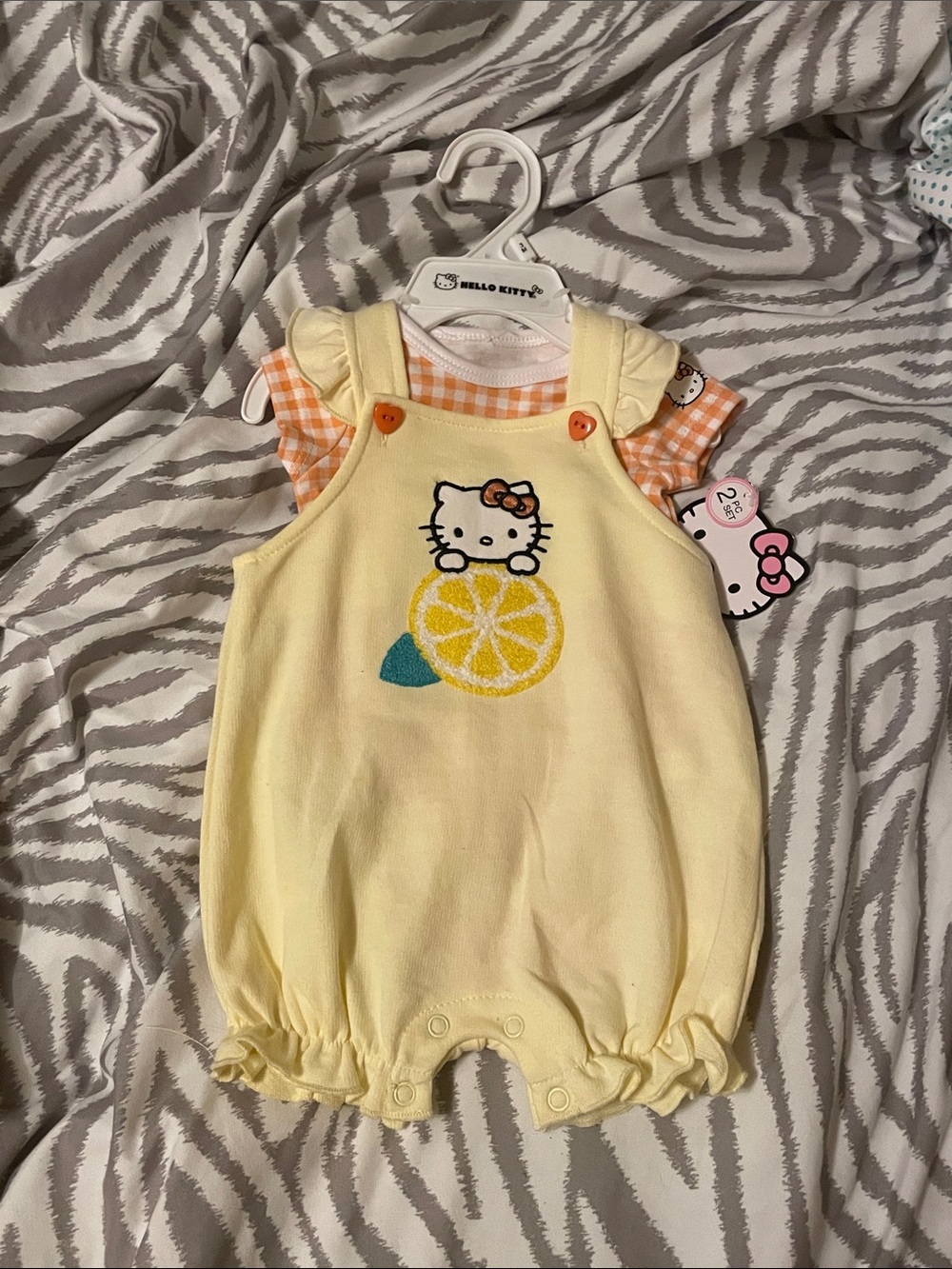 Hello Kitty Yellow Lemon Romper with Orange Gingham Size: 3M
